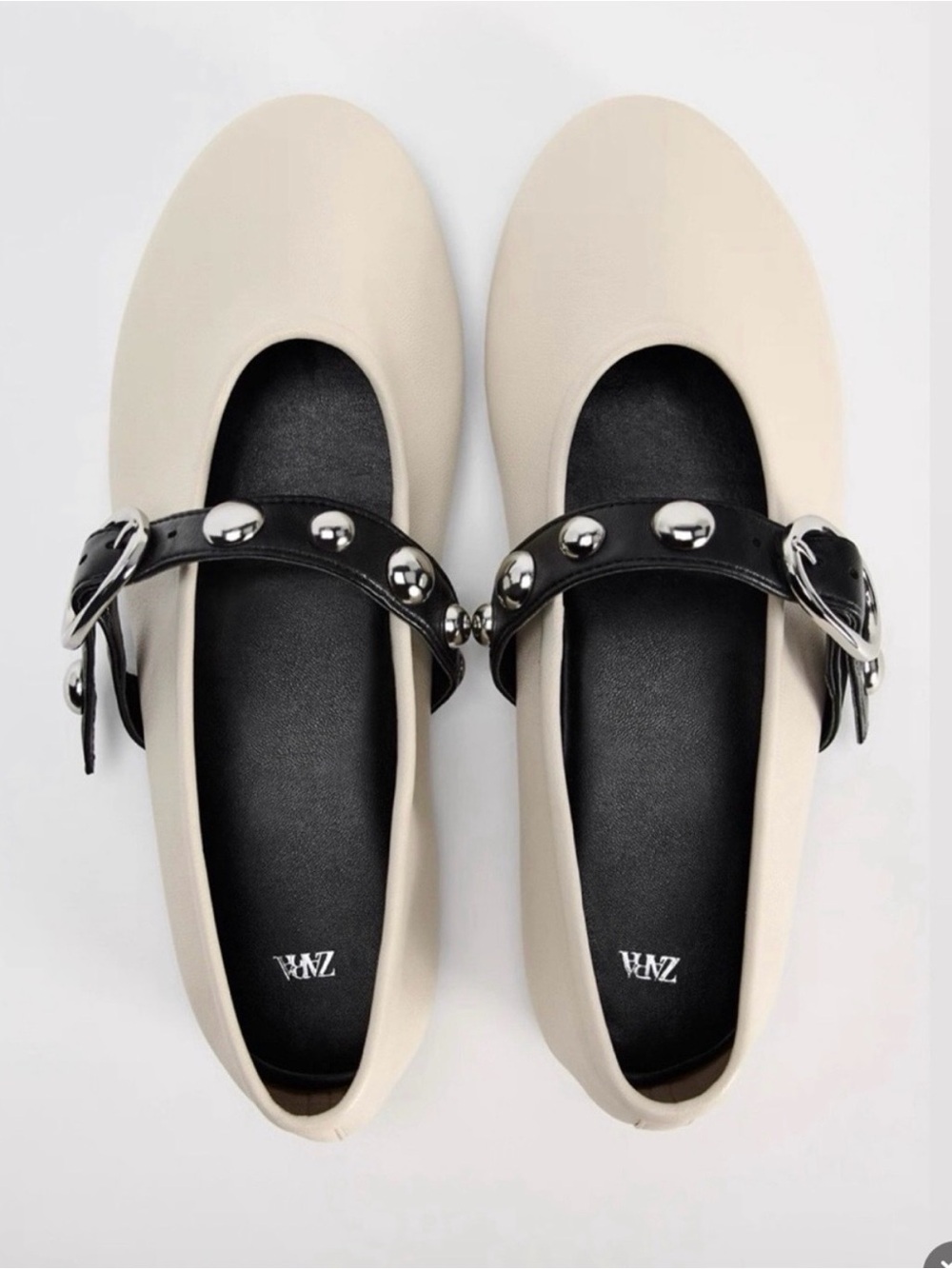 Zara Cream Leather Studded Mary Jane Ballet Flats EU 39 US 8.5 Buckle Balletcore